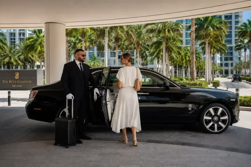 PRIVYER professional chauffeur welcoming a guest beside a black luxury sedan at a five-star Miami hotel entrance